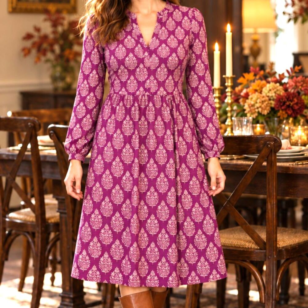 Boden Naomi Dress Thanksgiving Casual Fall Purple Botanical Leaf Print Knit 4L